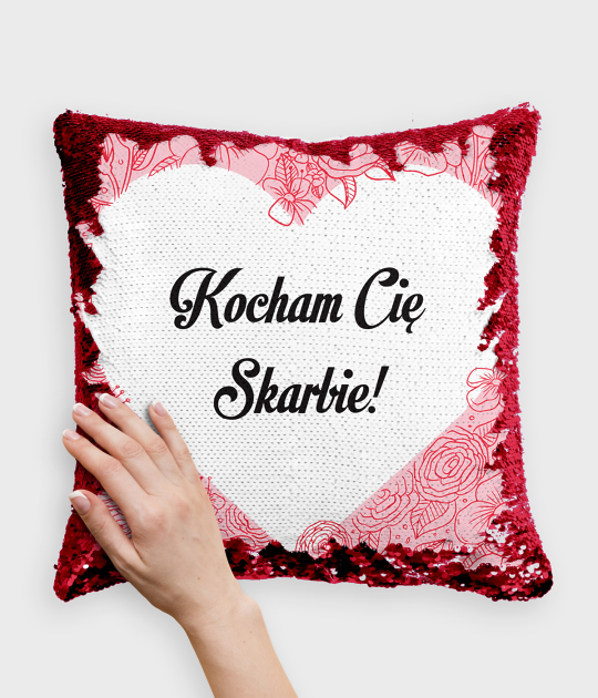 Poduszka z cekinami czerwono-biała Kocham Cię Skarbie