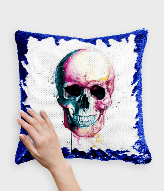 Poduszka z cekinami niebiesko-biała Watercolor skull