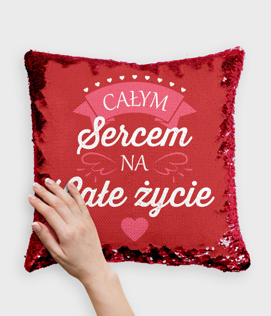 Poduszka z cekinami czerwono-biała Całym Sercem