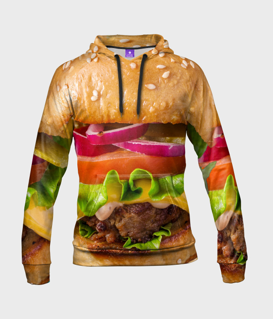 Bluza damska fullprint z kapturem Burger z bliska